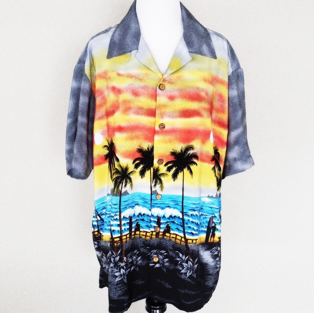 Kennington LTD Hawaiian Tropical Beach Print Button Up Shirt Size Large